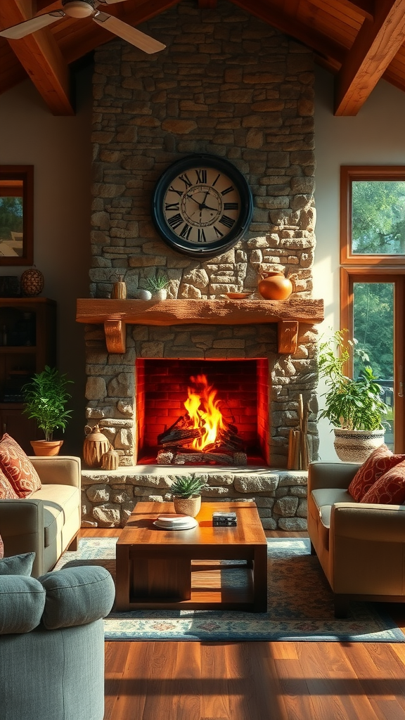 A cozy rustic farmhouse living room featuring a stone fireplace with a warm fire burning, surrounded by comfortable seating and rustic decor.