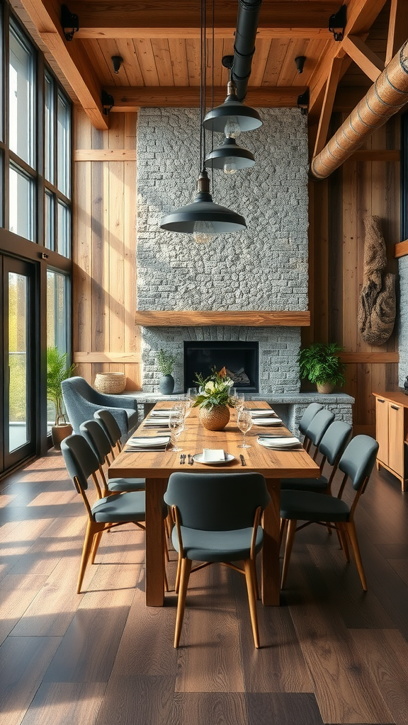 A rustic industrial dining room featuring a wooden table, stone fireplace, and modern lighting.