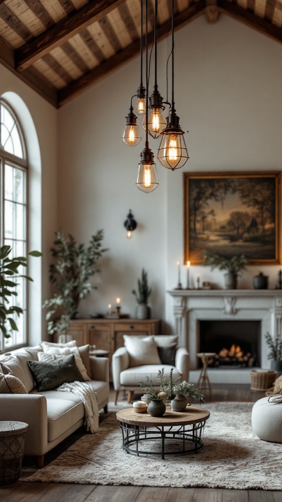 A rustic living room with warm lighting fixtures, cozy furniture, and a warm color palette.