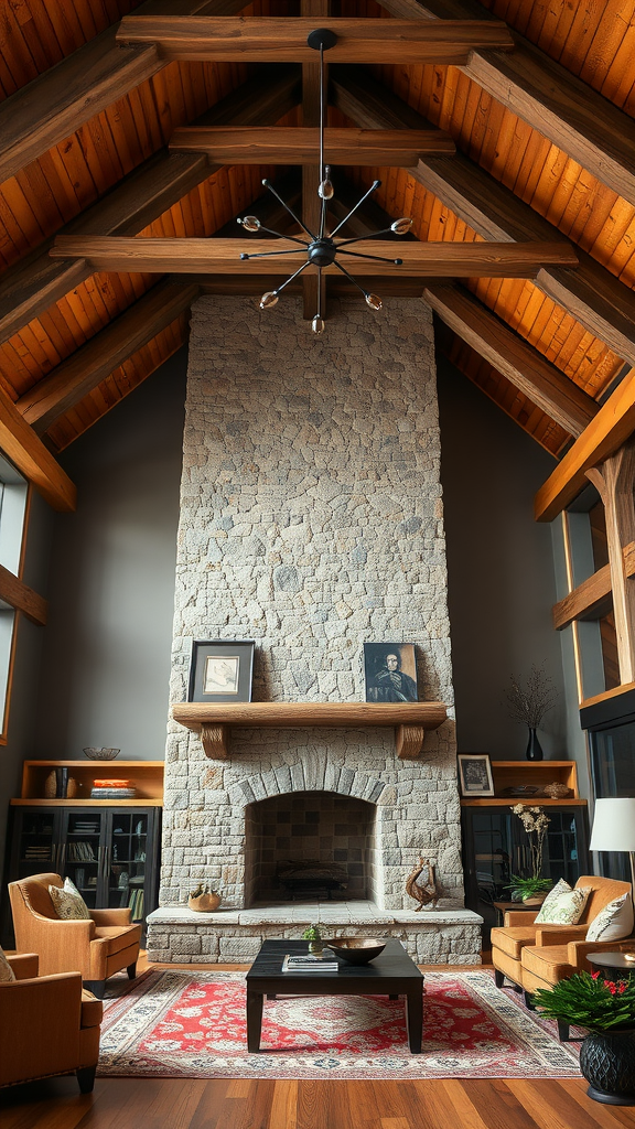 Cozy living room with rustic wood beams and stone fireplace