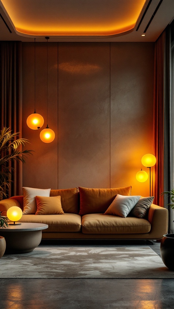 A cozy living room featuring sculptural lighting fixtures with a warm glow, reflecting the 80s modern home decor style.