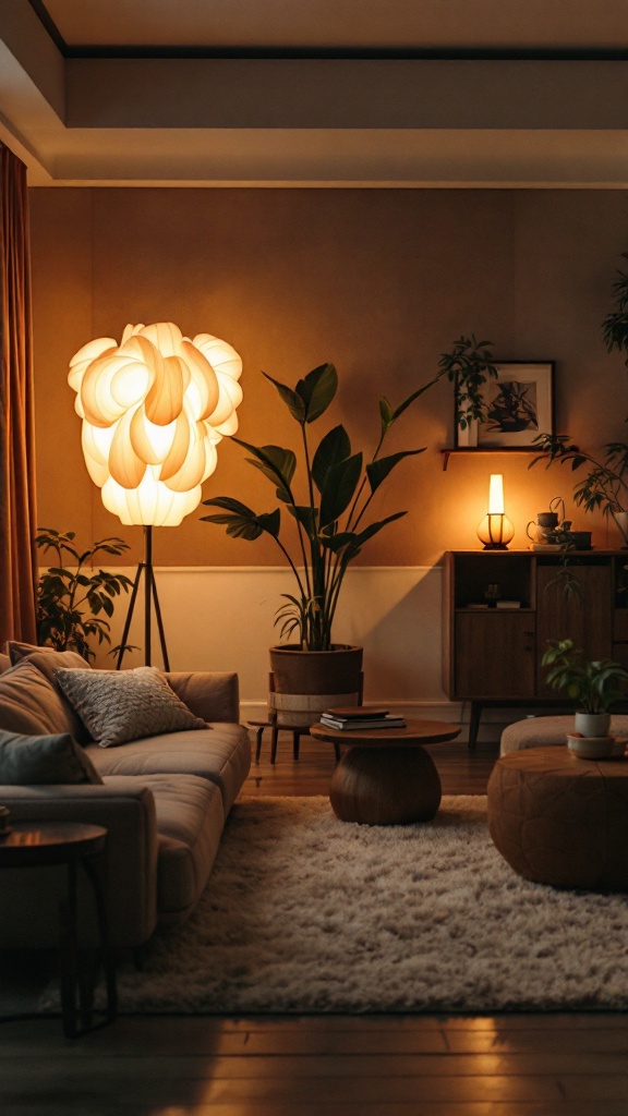 A cozy living room featuring sculptural lighting with a unique lamp design, plants, and a soft rug.