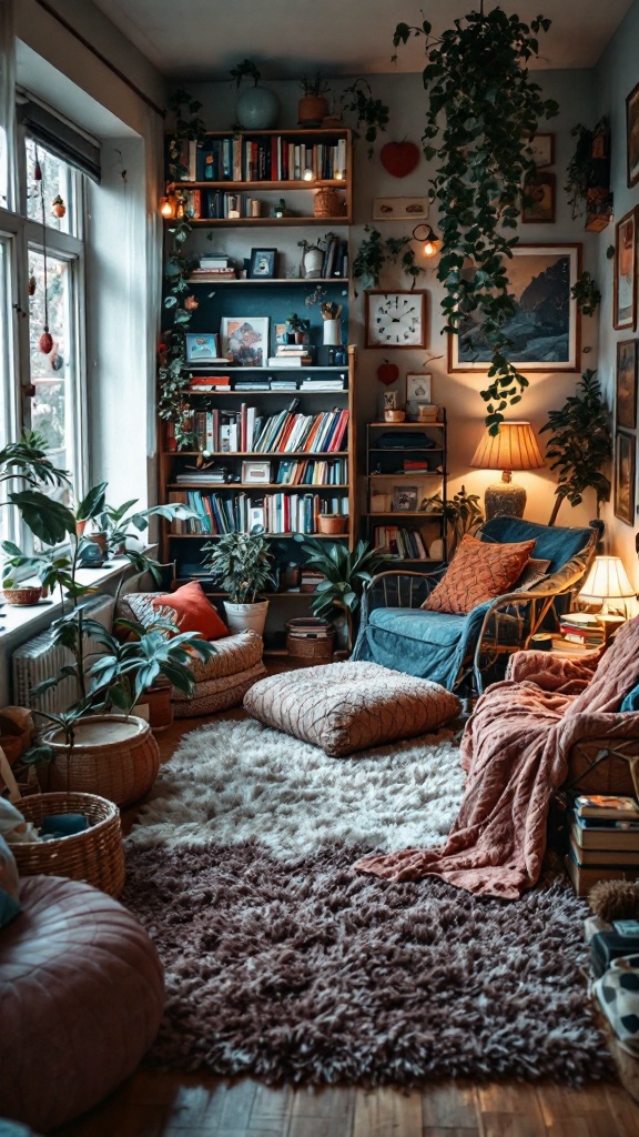 Cozy living room with shag rug and plants