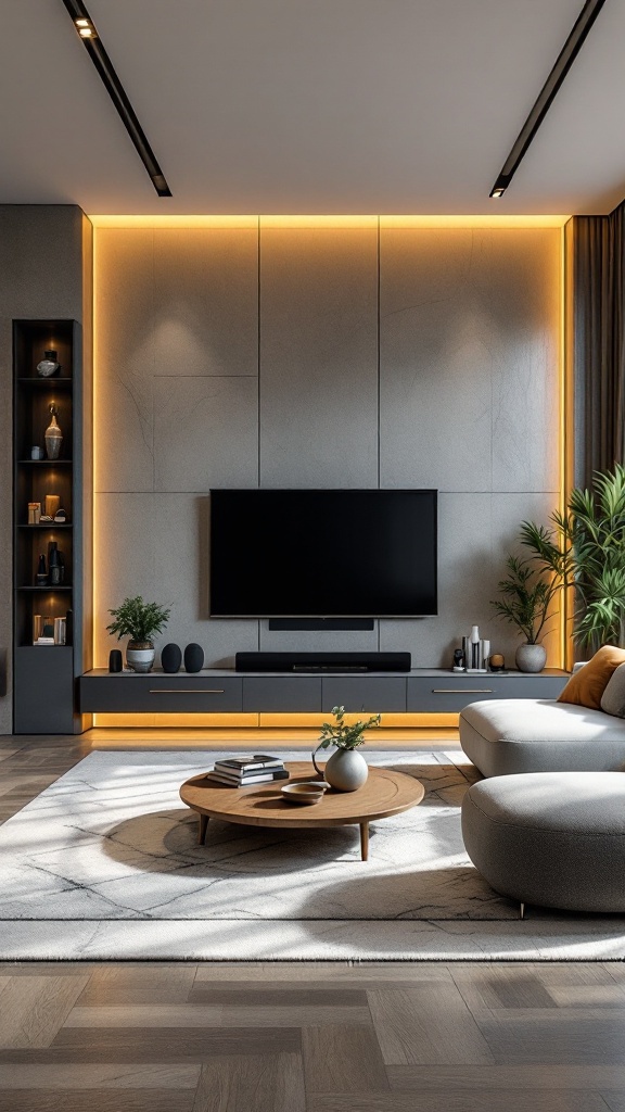 A modern rustic living room with smart home features, featuring a sleek TV setup and cozy seating.