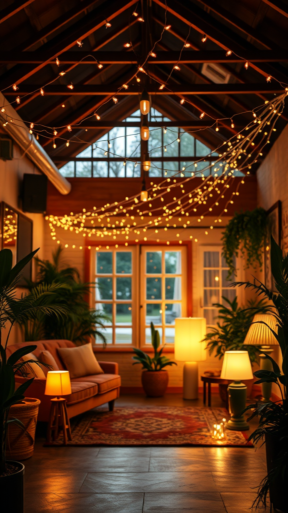 A cozy Bohemian living room with soft ambient lighting, featuring string lights and various lamps.