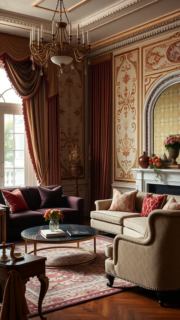 Elegant living room featuring rich textiles and classic decor.