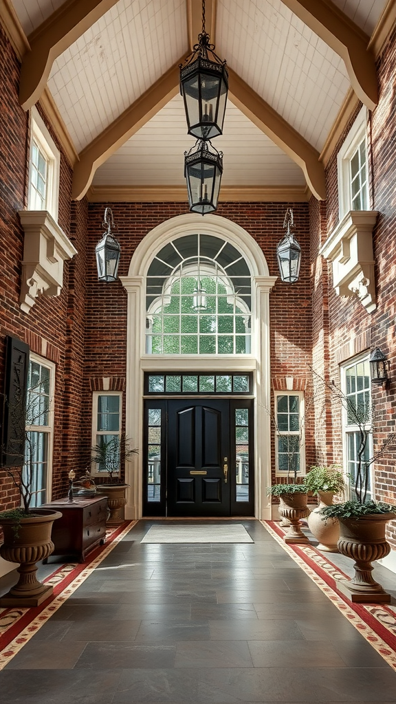 A spacious entryway featuring tall brick walls, large windows, and elegant lanterns.