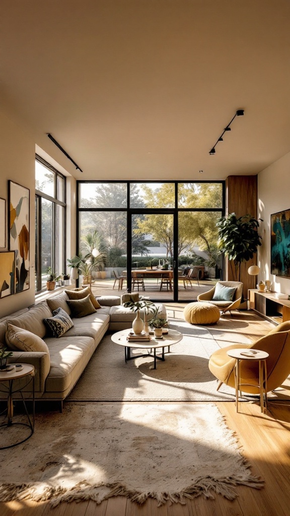 A spacious and inviting living room featuring modern decor, large windows, and a cozy atmosphere.