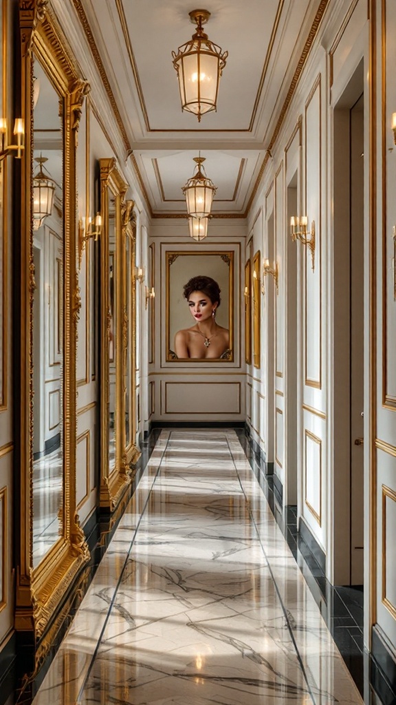 A hallway featuring large statement mirrors with ornate frames, reflecting a stylish and elegant aesthetic.