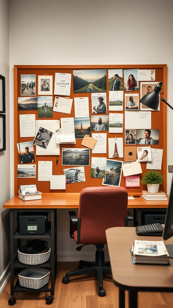 A stylish bulletin board filled with photos and notes in a small home office setup.