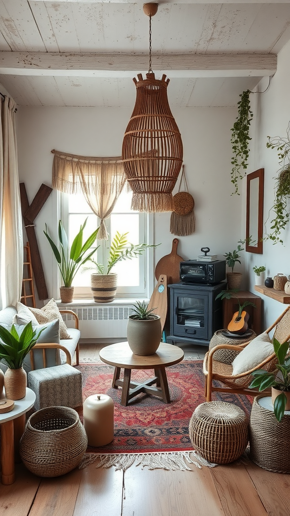 A cozy Bohemian Living Room with upcycled decor and earthy tones.