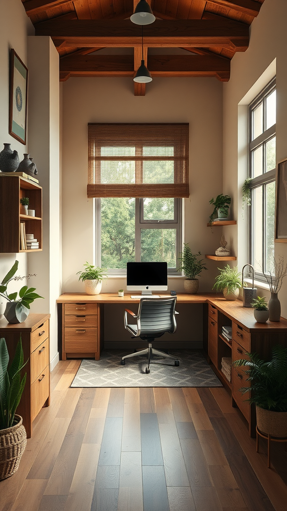 A cozy and stylish small home office with wooden furniture and plants.