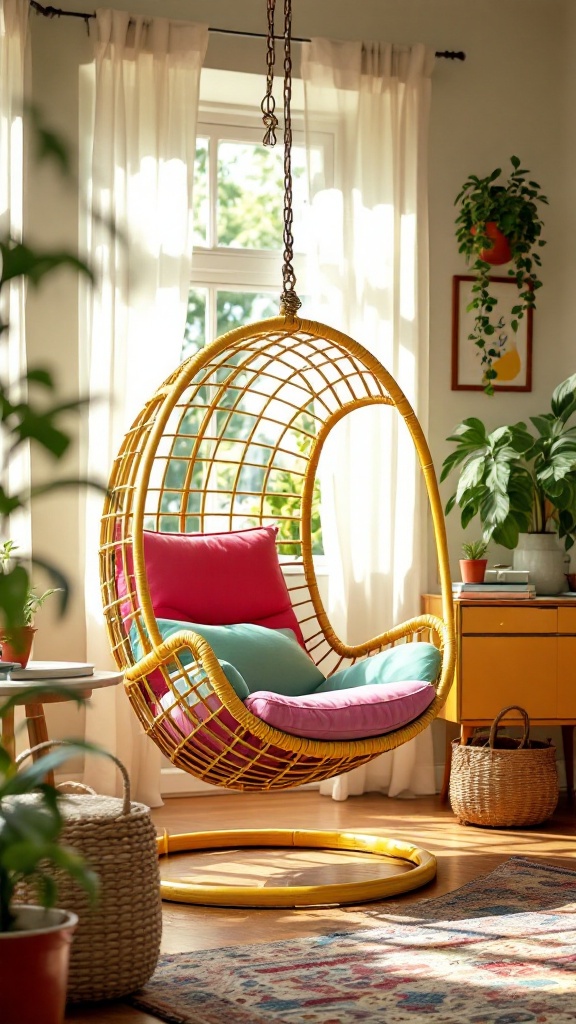 Colorful swinging egg chair in a bright, airy room.