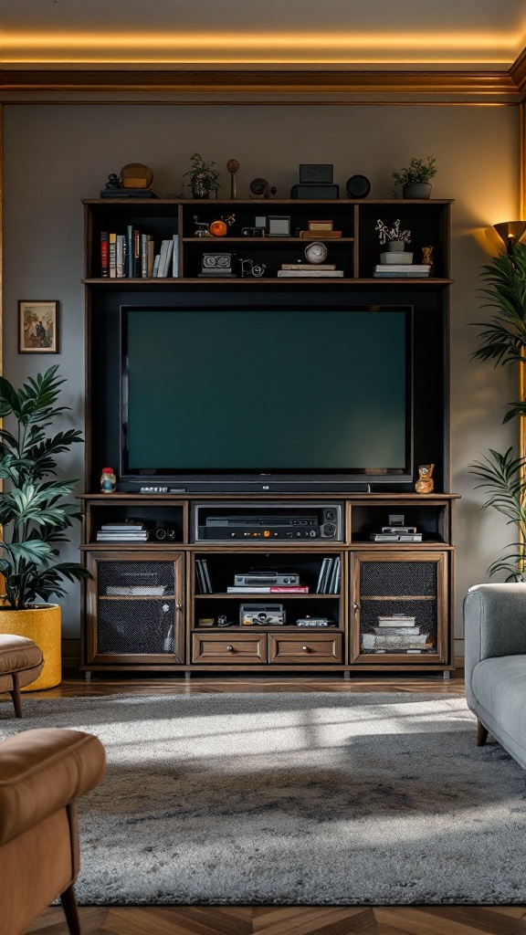 A stylish 80s media center with a large TV, wooden storage, and retro decor.