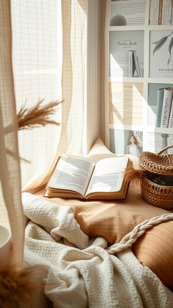 Cozy corner with an open book, textured fabrics, and natural light.