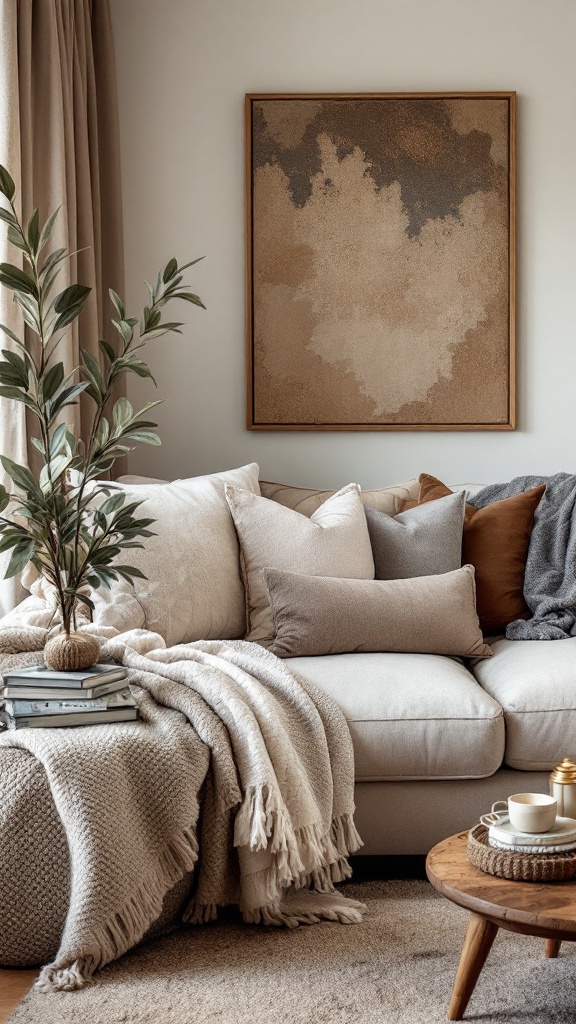 A cozy living room with textured fabrics and a throw blanket on a couch.