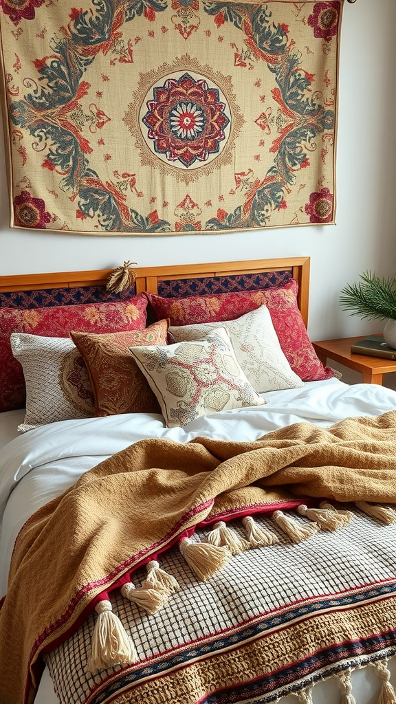 A beautifully arranged bed with textured throws and decorative pillows, featuring a colorful tapestry on the wall.