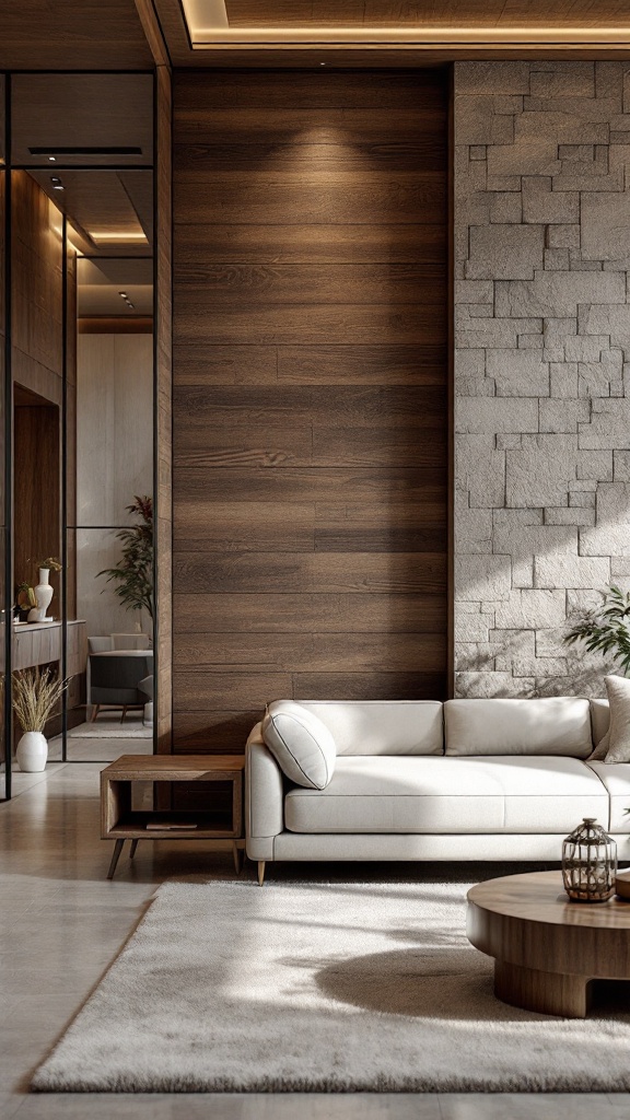 A modern rustic living room featuring textured wood and stone wall treatments.