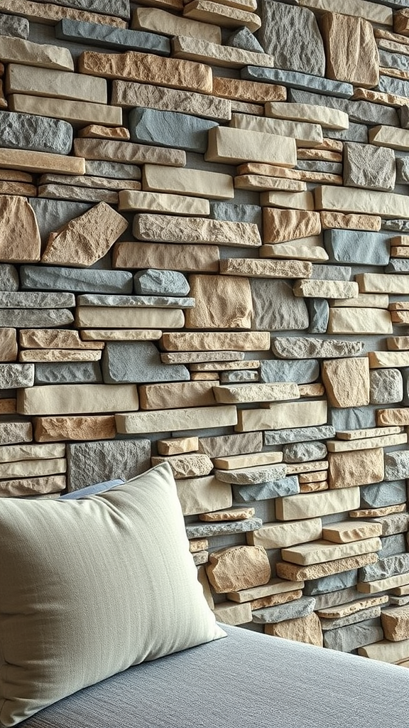 Textured stone wall with a pillow in the foreground