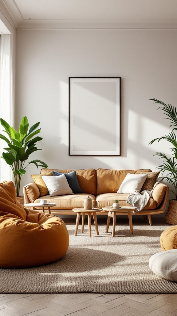 A cozy living room featuring a mustard yellow sofa, bean bags, and a light rug.