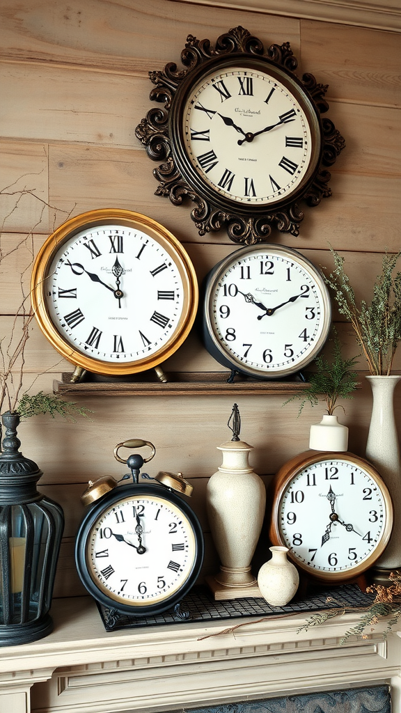 A collection of vintage clocks displayed on a wooden shelf.