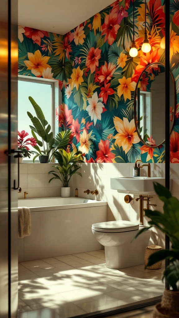 A bathroom featuring vibrant tropical floral wallpaper and lush greenery.