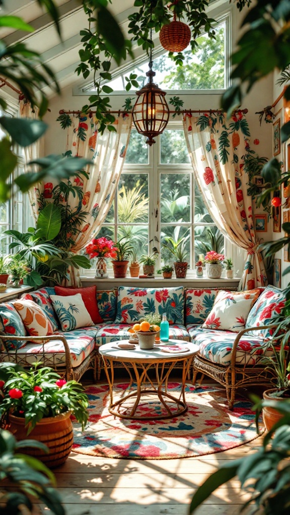 A cozy living room filled with tropical plants and colorful floral print decor.