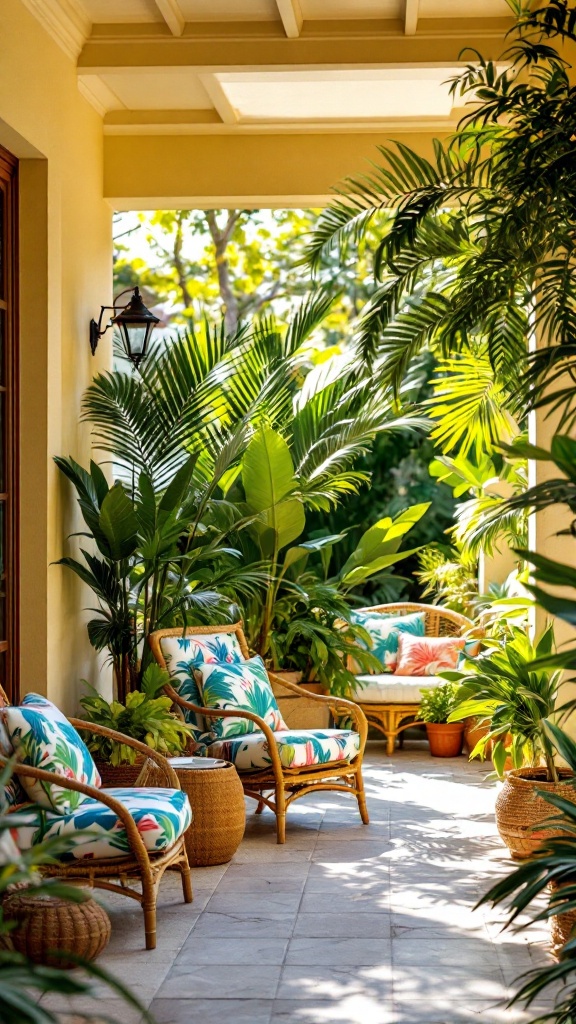 A cozy porch with tropical print chairs surrounded by lush greenery.