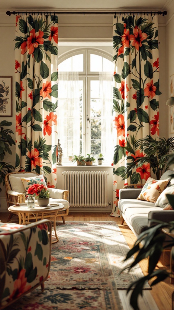 A cozy living room featuring tropical prints and floral patterns on curtains and upholstery.