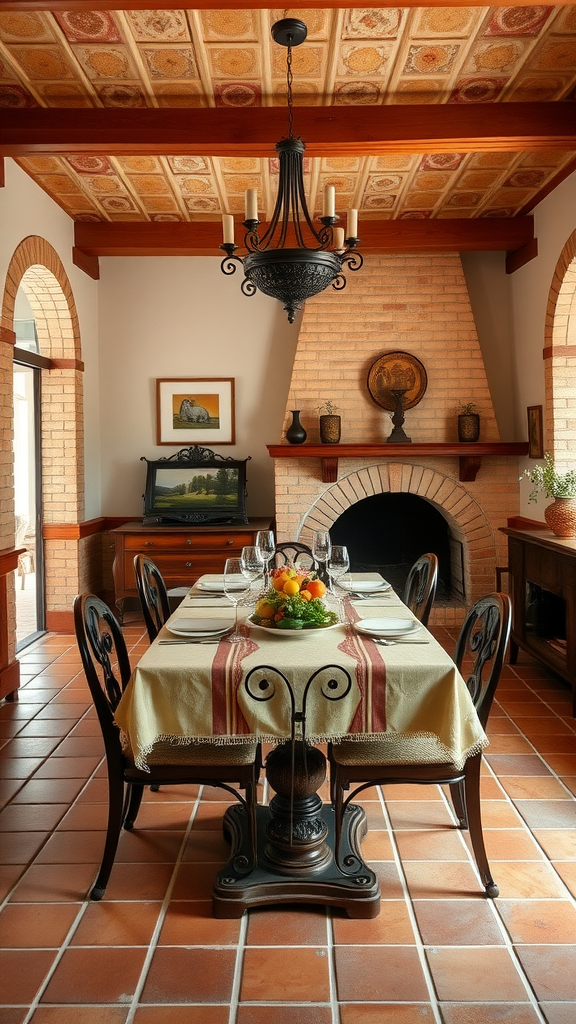 Rustic dining room with a table set for a meal, featuring a fireplace and warm decor.