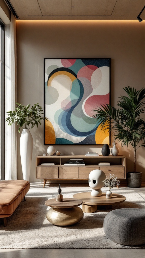 A stylish living room featuring abstract artwork and unique decorative sculptures.