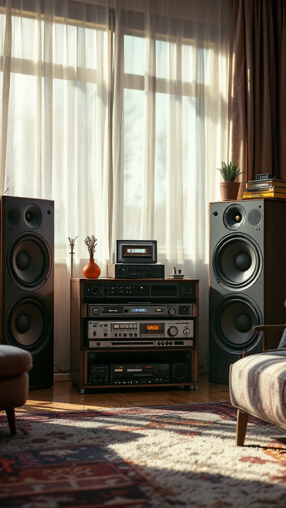 A vintage audio setup featuring large speakers, a cassette deck, and a turntable in a cozy living room.