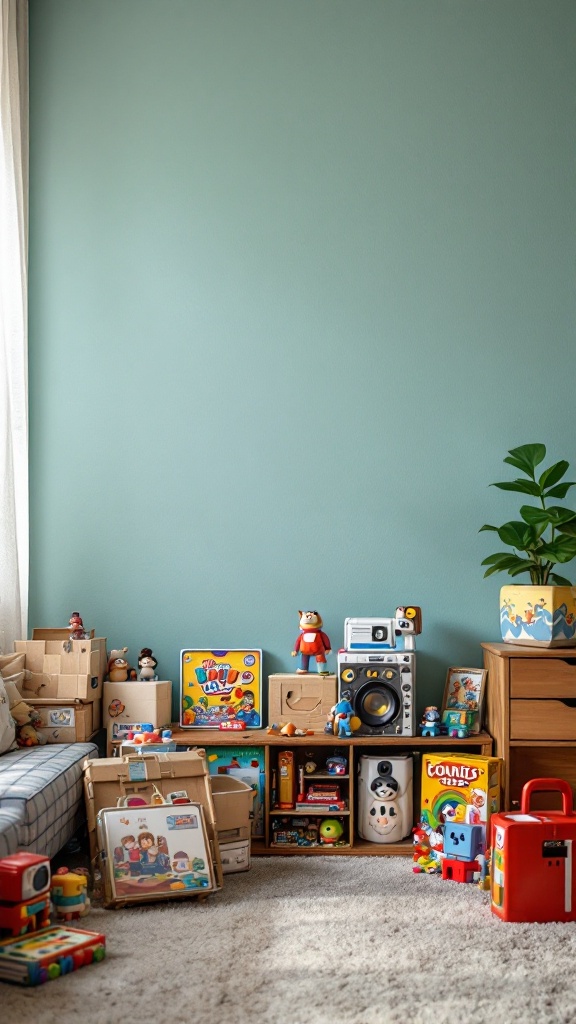 A cozy living room corner filled with vintage board games and colorful toys