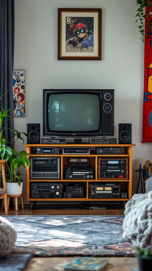 Vintage electronics display featuring a retro TV and audio equipment in a cozy interior.