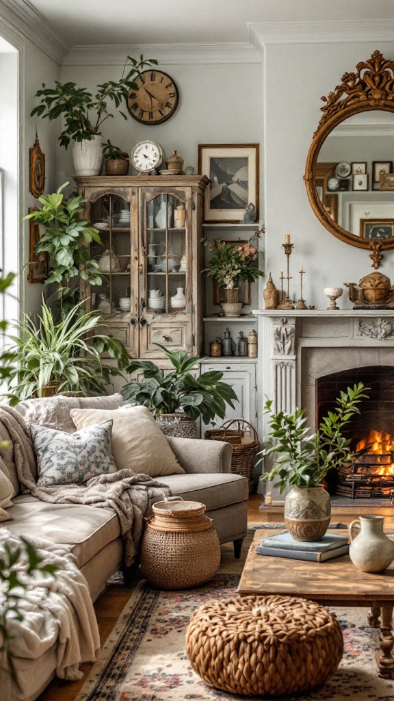 A cozy living room with vintage decor, plants, and a warm fireplace.