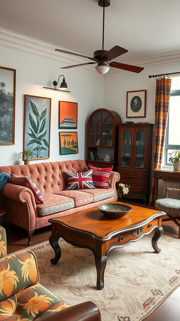 A cozy living room featuring vintage furniture, including a wooden table and a plush sofa with colorful pillows.