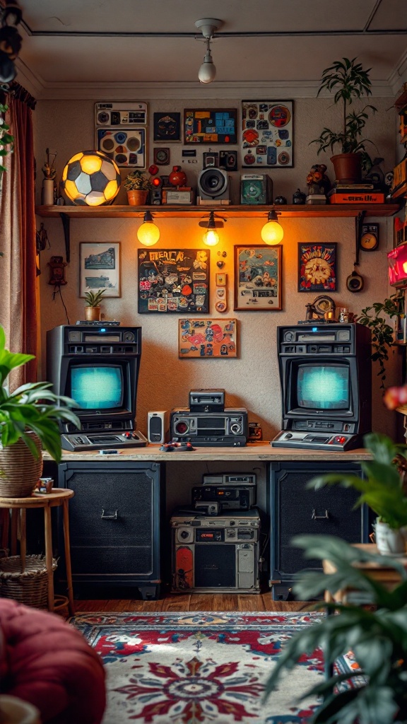 A cozy living space featuring vintage game consoles and retro decor.