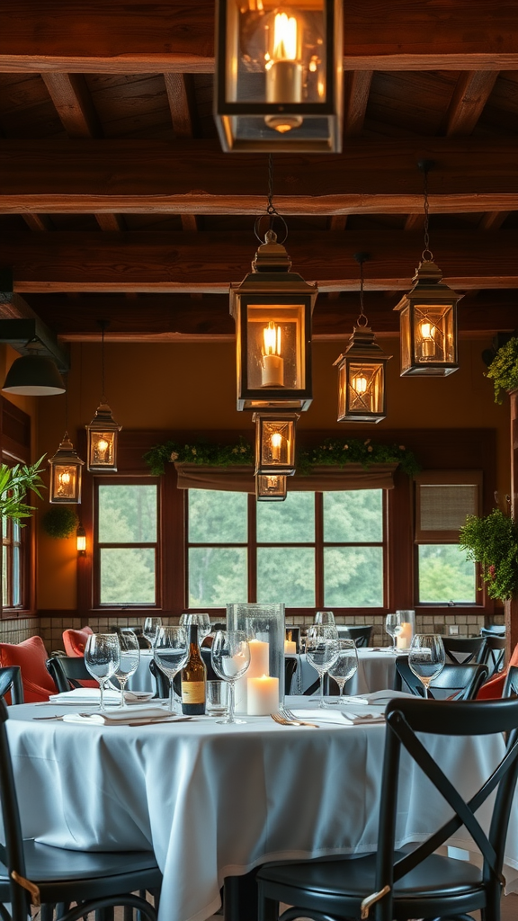 A beautifully arranged dining space featuring vintage lanterns hanging from a wooden ceiling, complemented by elegant table settings.