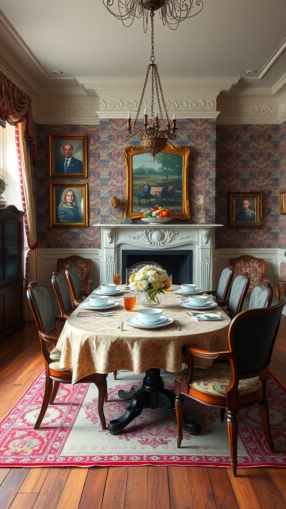 A vintage dining room featuring rustic interiors with a large table, upholstered chairs, and elegant decor, creating a warm atmosphere.