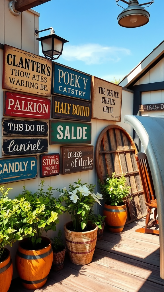 A collection of vintage signs with various quotes and names, displayed on a wall beside potted plants.