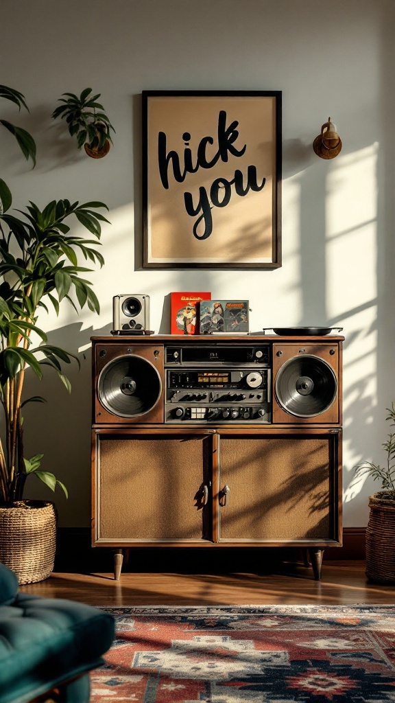 A vintage stereo system with large speakers, surrounded by plants and decorative items