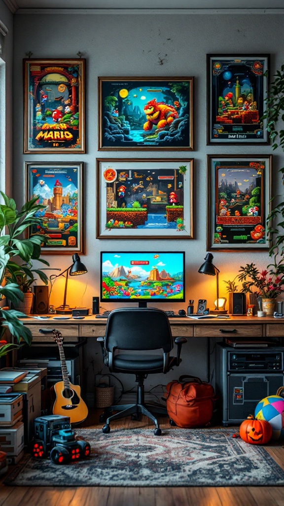 A stylish workspace featuring vintage video game art on the walls, including framed prints of classic games, a computer, and personal items.