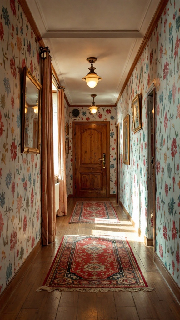 A hallway featuring vintage floral wallpaper, ornate lamps, and rugs, showcasing a nostalgic 1980s style.