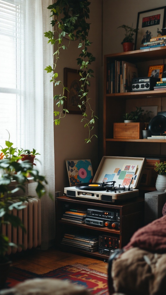 A cozy corner featuring a turntable, vinyl records, and plants, reflecting a retro 80s apartment aesthetic.