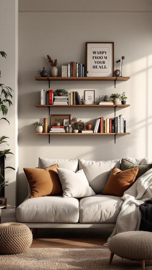 Wall-mounted shelves with books and decorative items in a cozy living room