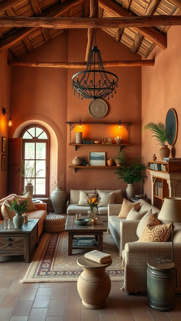 Living room with warm terracotta walls and cozy furnishings