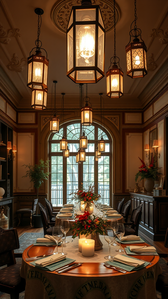 A beautifully lit Cape Cod dining room featuring whimsical hanging light fixtures.