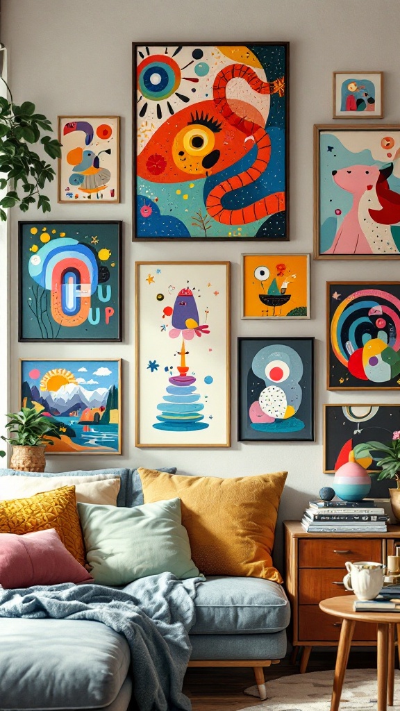 Vibrant wall art featuring various playful designs and colors on a living room wall