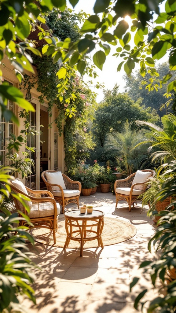 A cozy outdoor seating area with wicker and rattan furnishings surrounded by greenery.