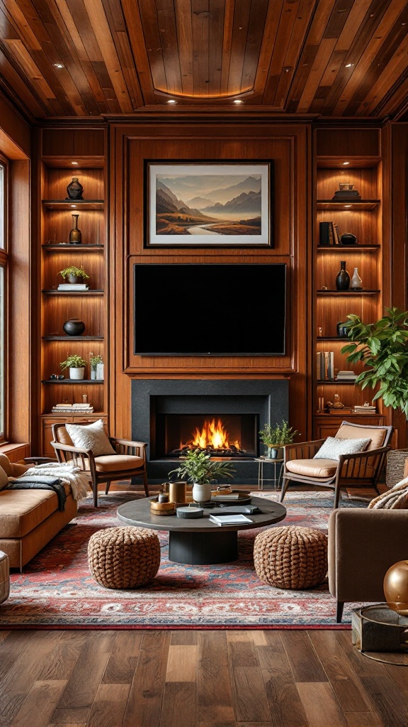 A cozy living room with wood paneling, featuring a fireplace and modern furniture, showcasing a warm and inviting atmosphere.